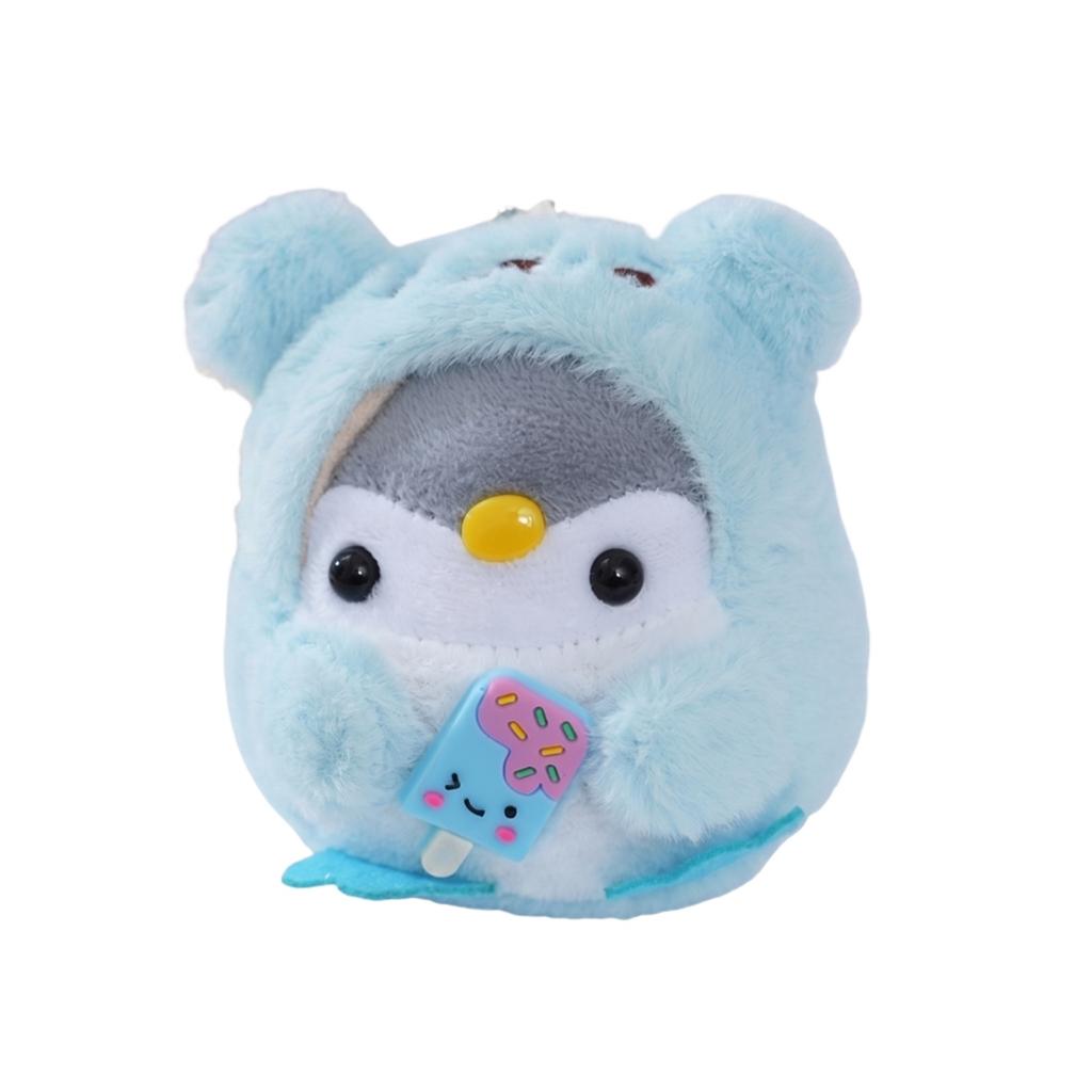 Plush Penguin Stuffed Animal Keychain Soft Toy with Ice Cream Accessory and Bear Hood Cute Design for Kids and Collectors