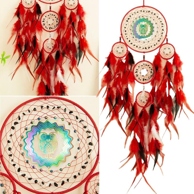3D Rotating Colorful Owl Dreamcatchers Windchimes with Feathered Wall Hanging Decoration for Bedroom and Living Room
