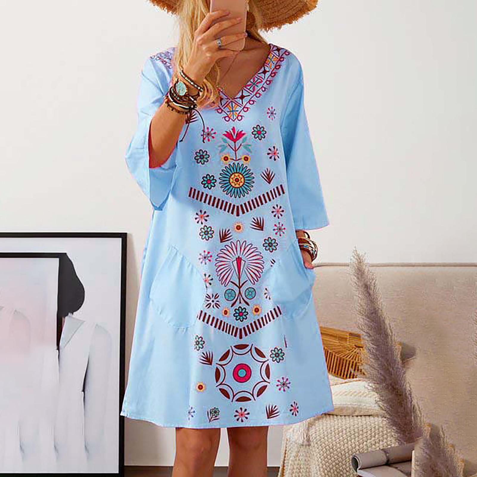 Women Fashion Casual Summer V-Neck Short Sleeve Printed Loose Dress XXXL