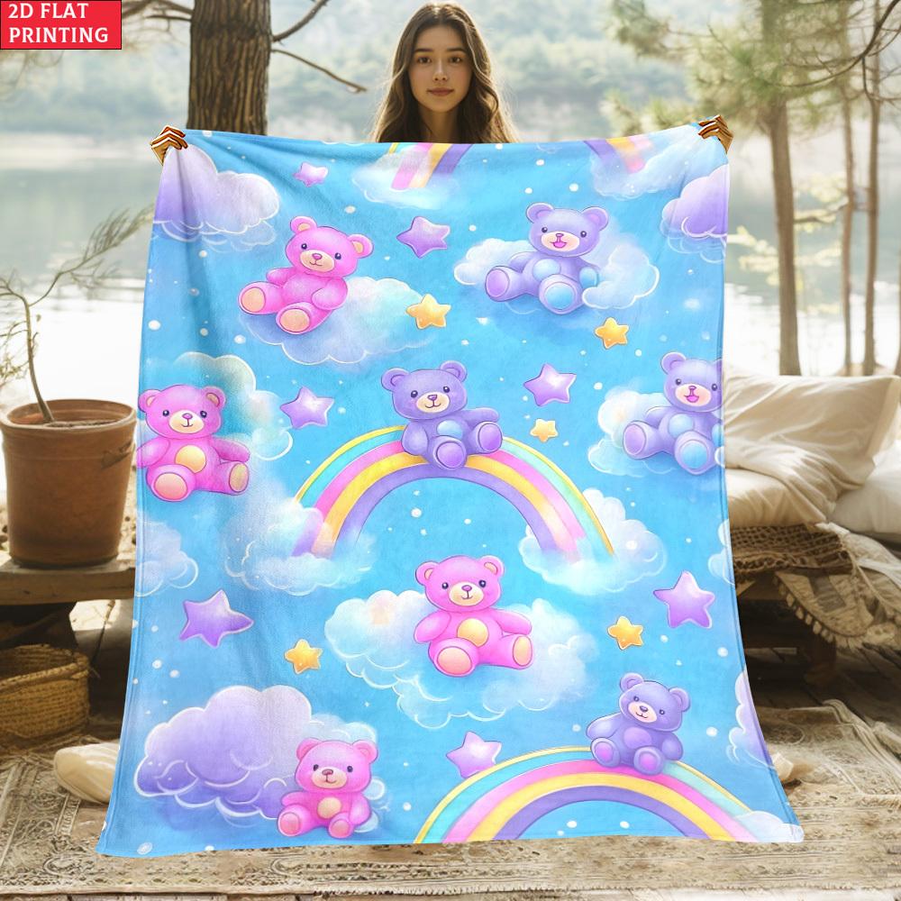 Orsacchiotto Pastello Carino Coperta Arcobaleno, Morbido Soffice Coperta Decorativa con Motivo a Nuvole per Divano Letto, Accogliente Decorazione in Pile Regalo per Ragazze e Bambini