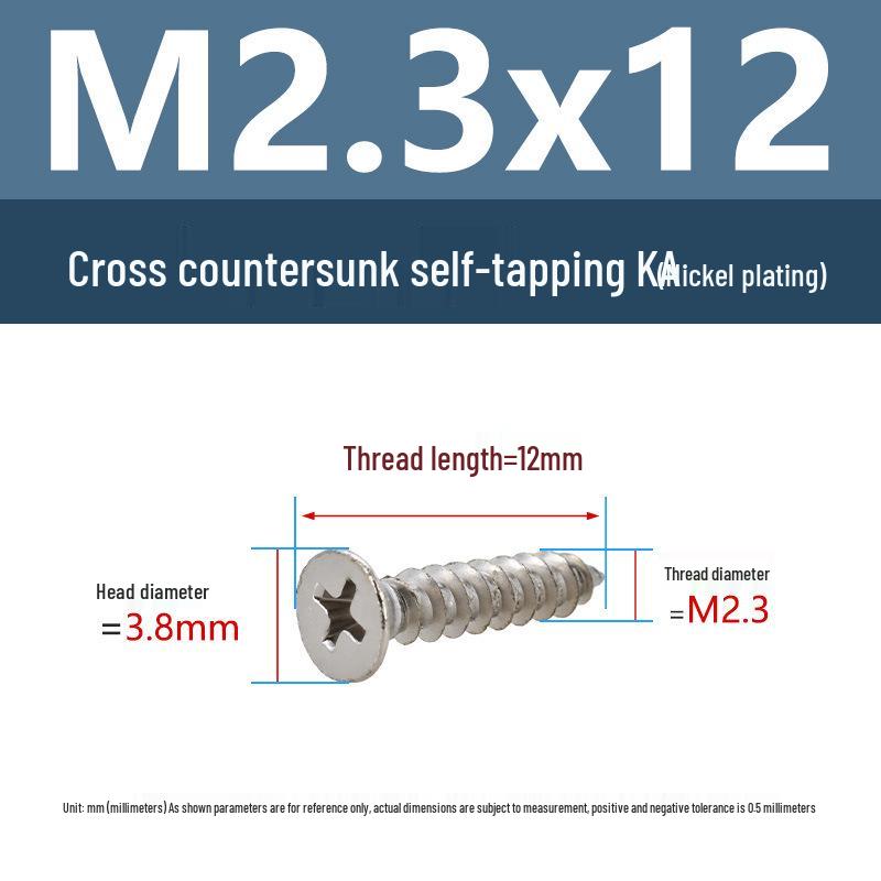 YiguYigu Nickel-Plated Phillips Flat Head Self-Tapping Screws M1-M5, Carbon Steel