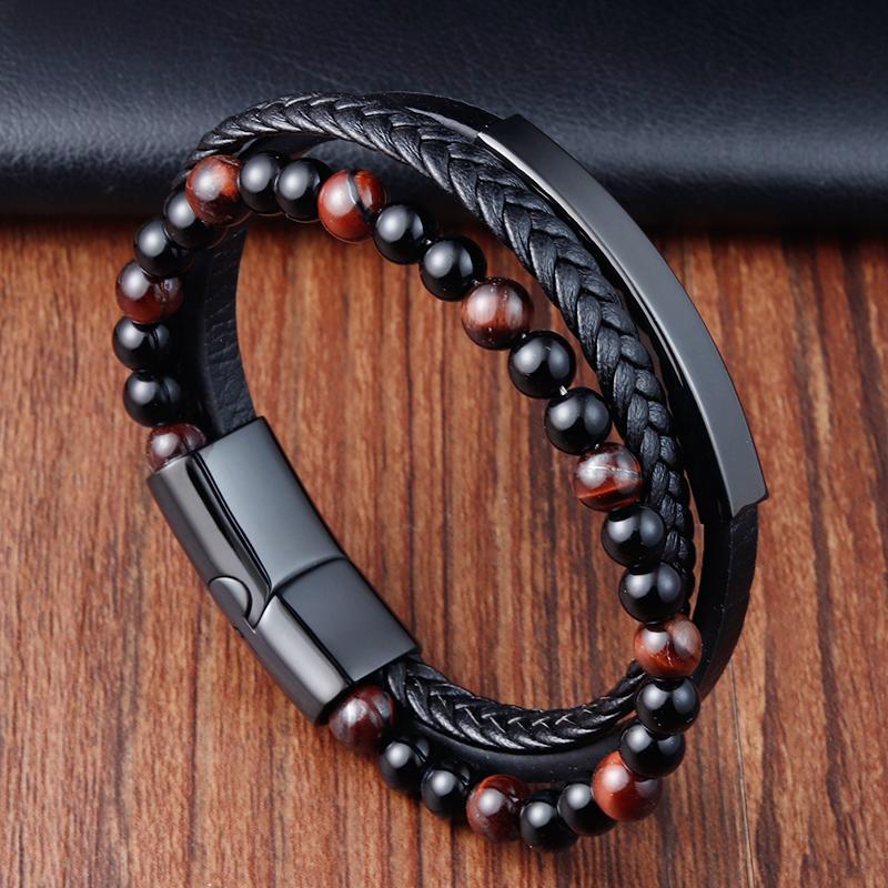 Charm Rope Nerez Magnetický Přírodní Kámen Kožený Muž Náramek Korálkový Náramek Sopečný kámen Náramky Náramky Řetízek Dárek