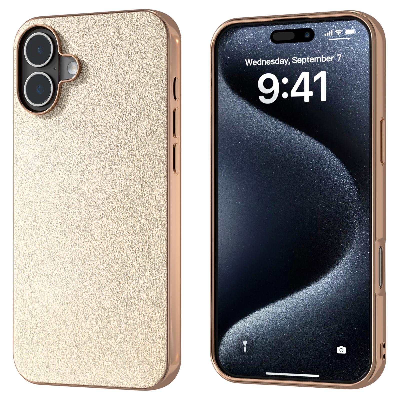 

For iPhone 16 Plus Case Electroplating Edge PU Leather Coated TPU+PC Phone Cover Gold