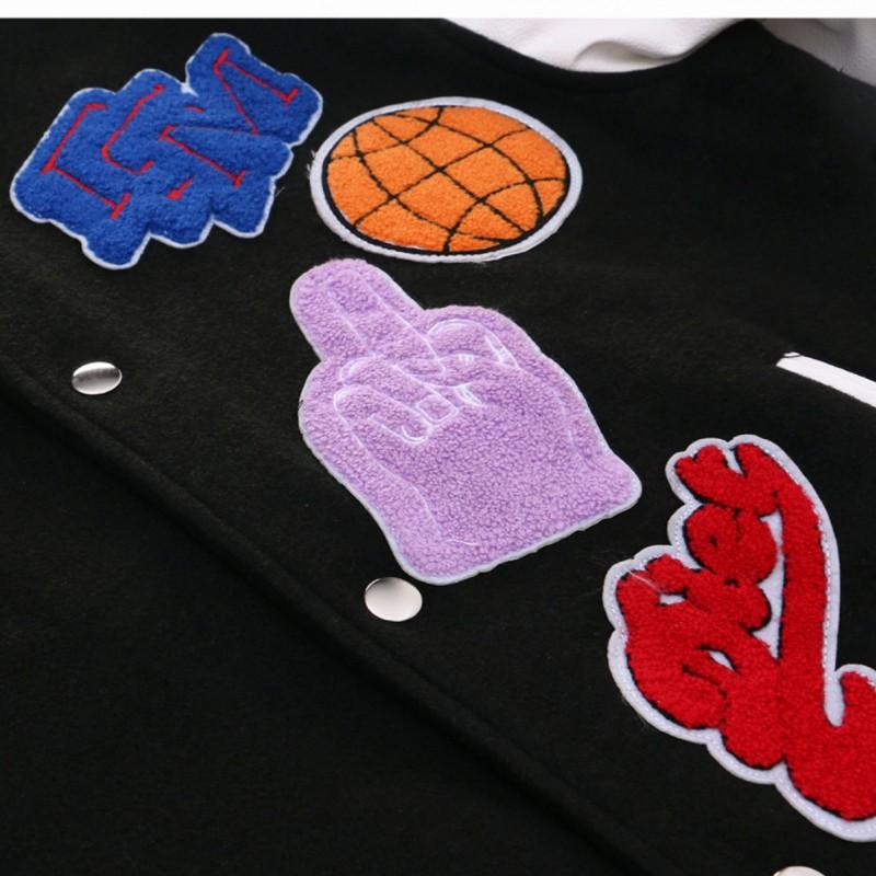Mens Thick Winter Baseball Jacket With Stand Collar Patchwork Embroidery Fleece Lined Vintage Style