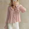 Blusa da Donna Dolce con Volant, Scollo a V, Manica Lunga, Casual, Estiva, Autunnale, Versatile