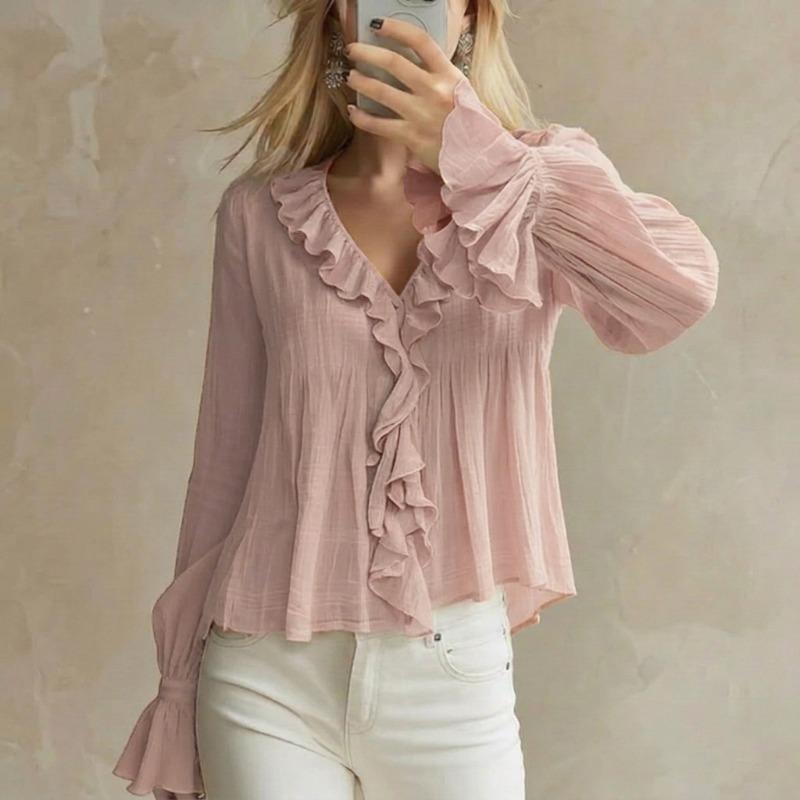 Blusa da Donna Dolce con Volant, Scollo a V, Manica Lunga, Casual, Estiva, Autunnale, Versatile