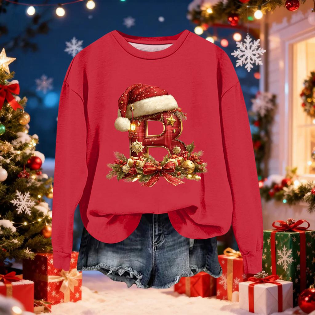 Women's Fashionable Casual Long-Sleeved Christmas Letter Print Crew-Neck Sweatshirt