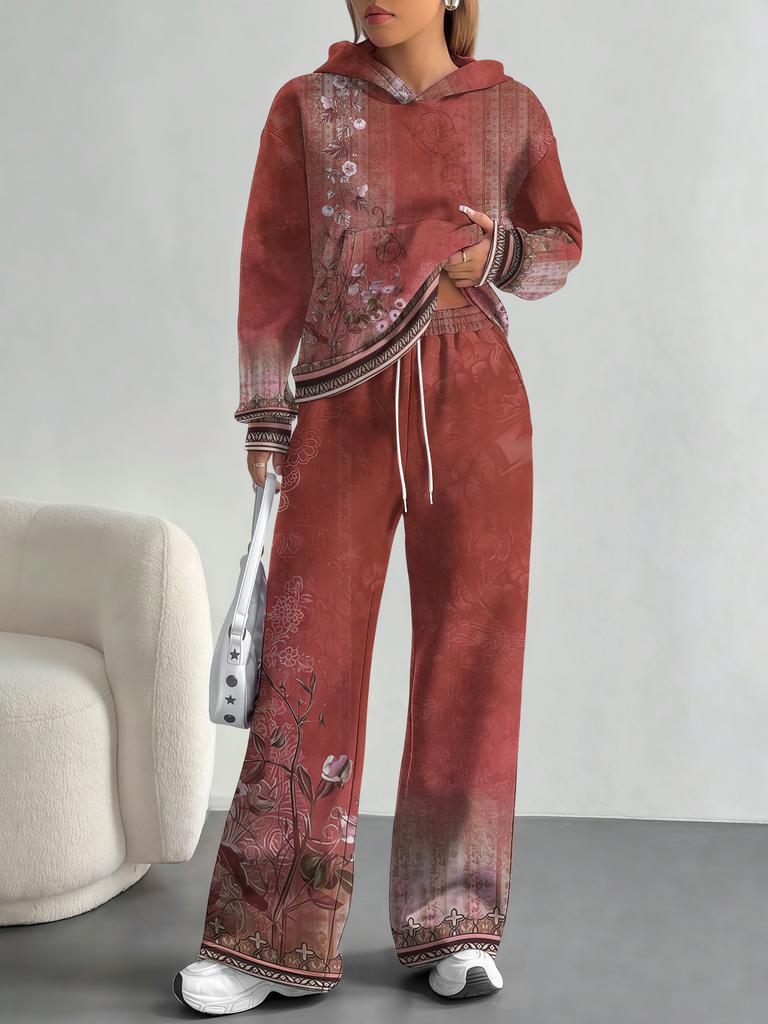 Bohemian Style European And American Autumn And Winter Casual Long-Sleeved Suit Women'S Hooded Sweater Trousers Suit