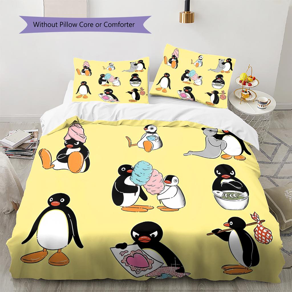 PINGU Desenli Nevresim Takımı, Yorgan Seti Yorgan Kılıfı Yastık Kılıfı Ev Doğum Günü Hediyesi (1 * yorgan kılıfı + 2 * yastık kılıfı, iç dolgusuz)