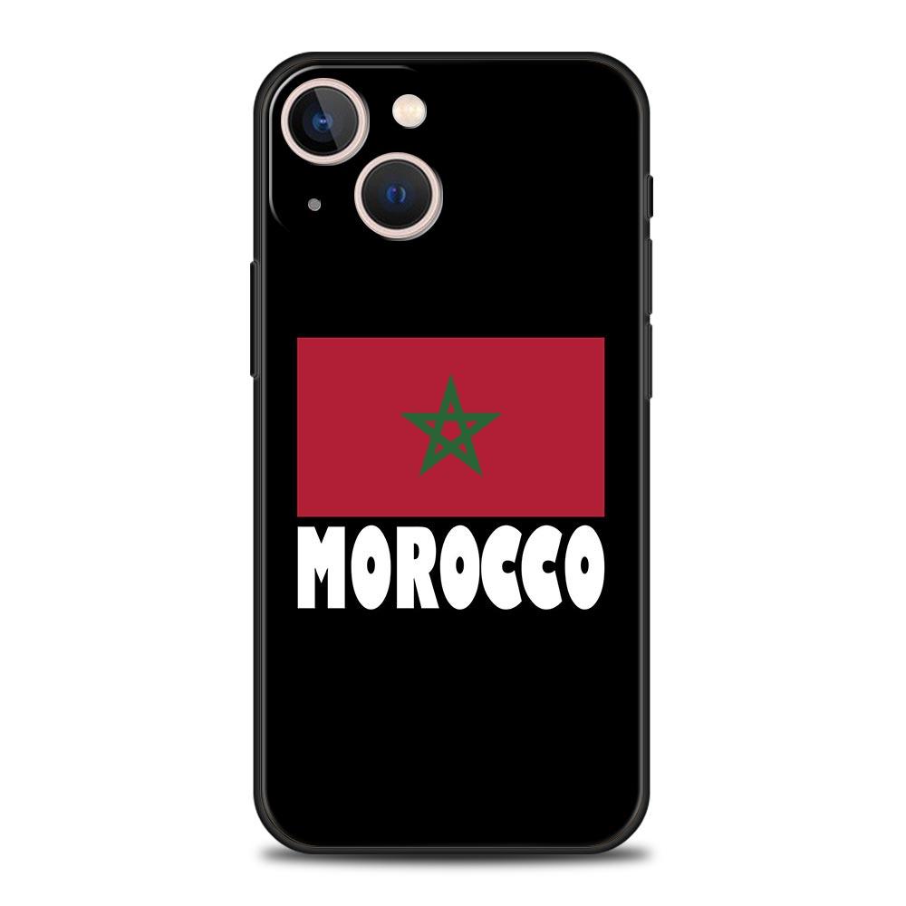Morocco Flag Soccer Luxury Protection Soft Phone Case For iPhone 13 15 14 12 11 Pro MAX XR X SE XS 7 8 Plus Black Full Cover