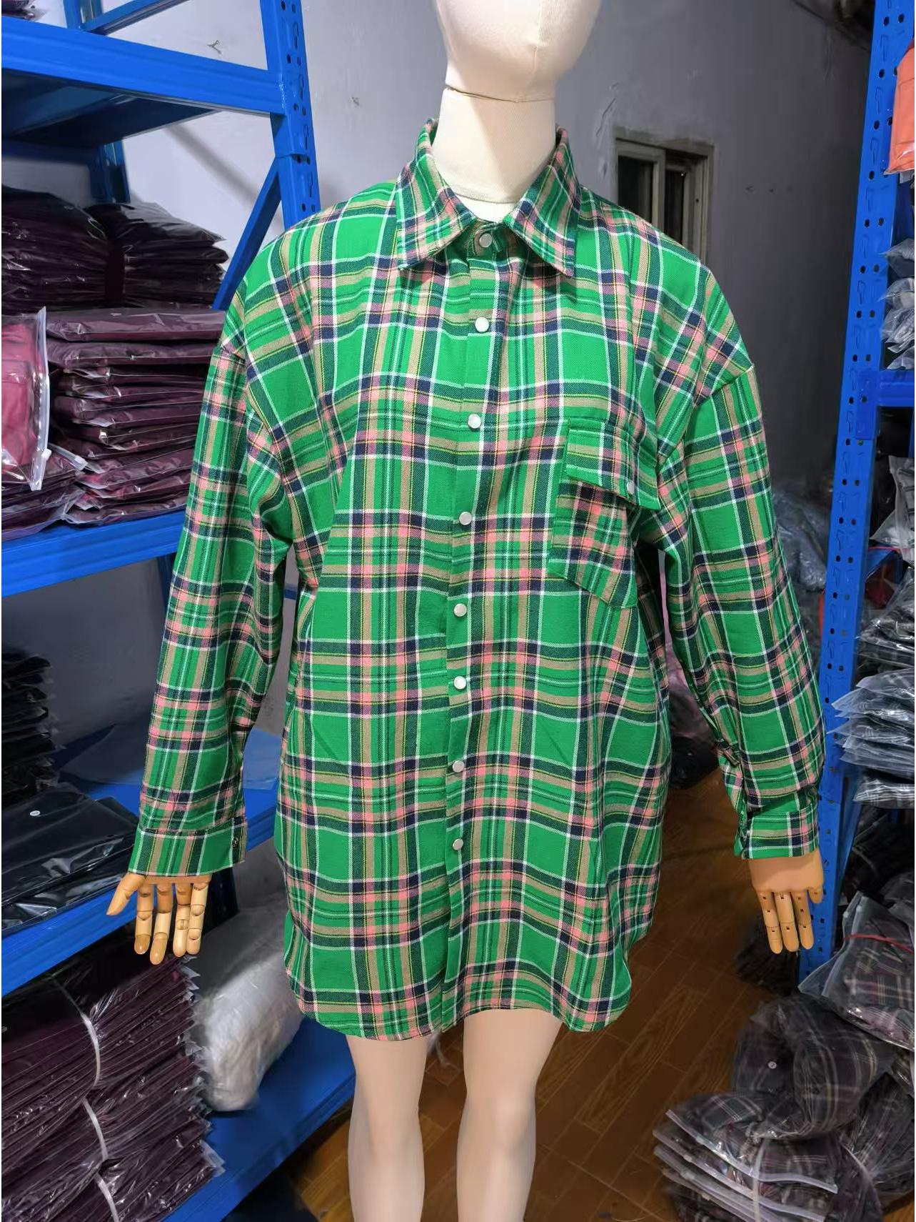 

Ретро Клетчатая Рубашка С Лацканами Свободного Кроя Женская - Универсальная с Длинным Рукавом и Карманами для Весны и Осени 2024 Large