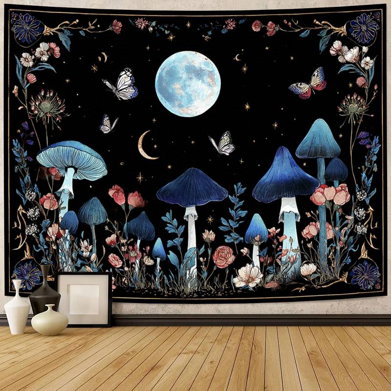 Witchy Moon & Skull Mushroom Tapestry - Dark Boho Celestial Floral Wall Hanging for Room Decor