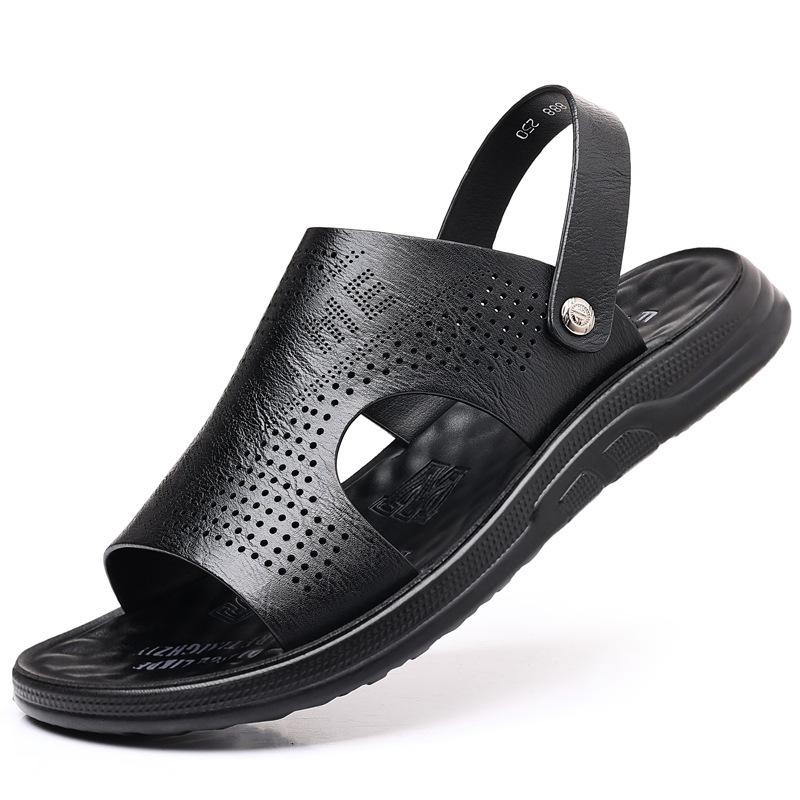 Men's leather sandals men's summer waterproof and non-slip slippers breathable two wear beach shoes trendy thick-soled sandals wear-resistant