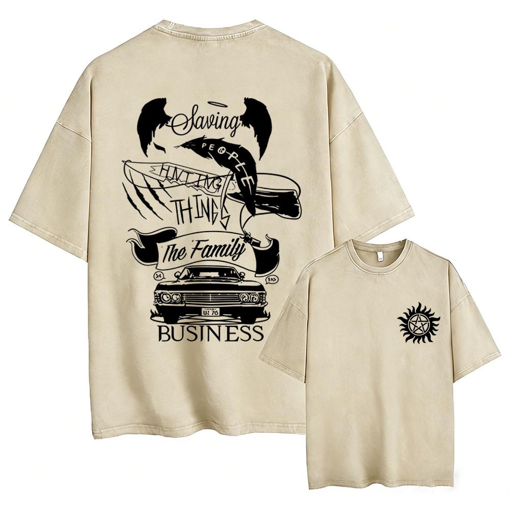 Hot Sale Supernatural Vintage Washed T-shirt Men Women Casual Retro Cotton T Shirts Unisex Casual Oversized T-shirts Streetwear