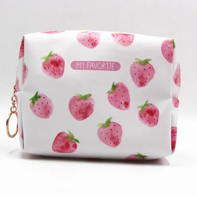 PU Waterproof Cosmetic Bag Creative Pink Strawberry Series Large Capacity Portable Toiletry Bag Travel Storage Bag Makeup Pouch