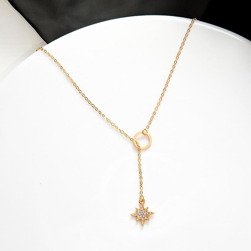 C158 Fashion Accessories Personality Simple Ins Style Small Circle Necklace Trendy Inlaid Diamond Eight-Pointed Star Necklace