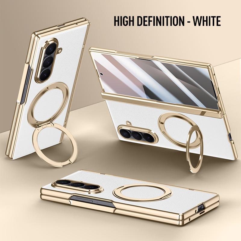 For Samsung Galaxy Z Fold 7 Leather 360° Swivel Bracket Magnetic Tempered Glass Front Membrane Anti-Drop Fingerprint Phone Case
