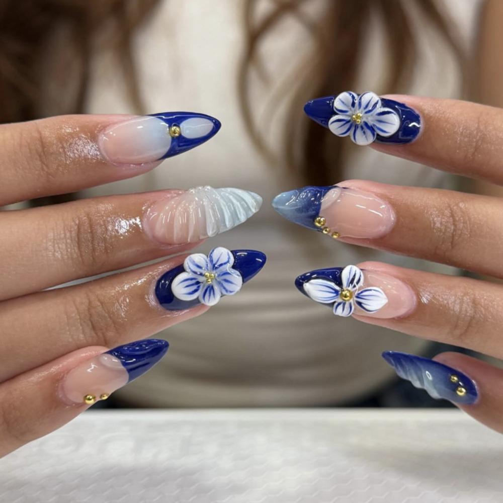 24pcs Manicure Long Almond False Nails Aurora Flower White Edge Press On Nails Detachable French Nail Tips DIY