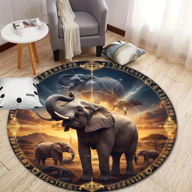 Elephant Lion Round Area Rug,Carpet Rug for Living Room Bedroom Sofa Playroom Decor,Non-slip Floor Mat