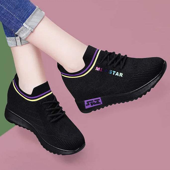 Flying woven elastic muffin shoes sports casual shoes flat black low-top sports shoes women's shoes