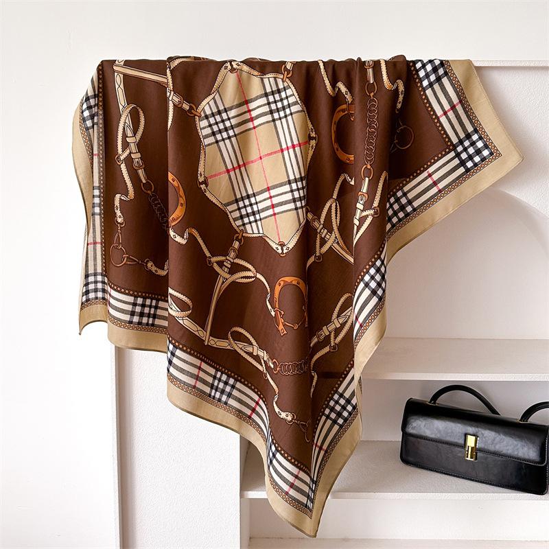 

Sweet And Fresh Chain Fashionable 90Cm Imitation Silk Large Square Scarf Retro Printed Shawl Herringbone Scarf Headscarf Women 90x90cm