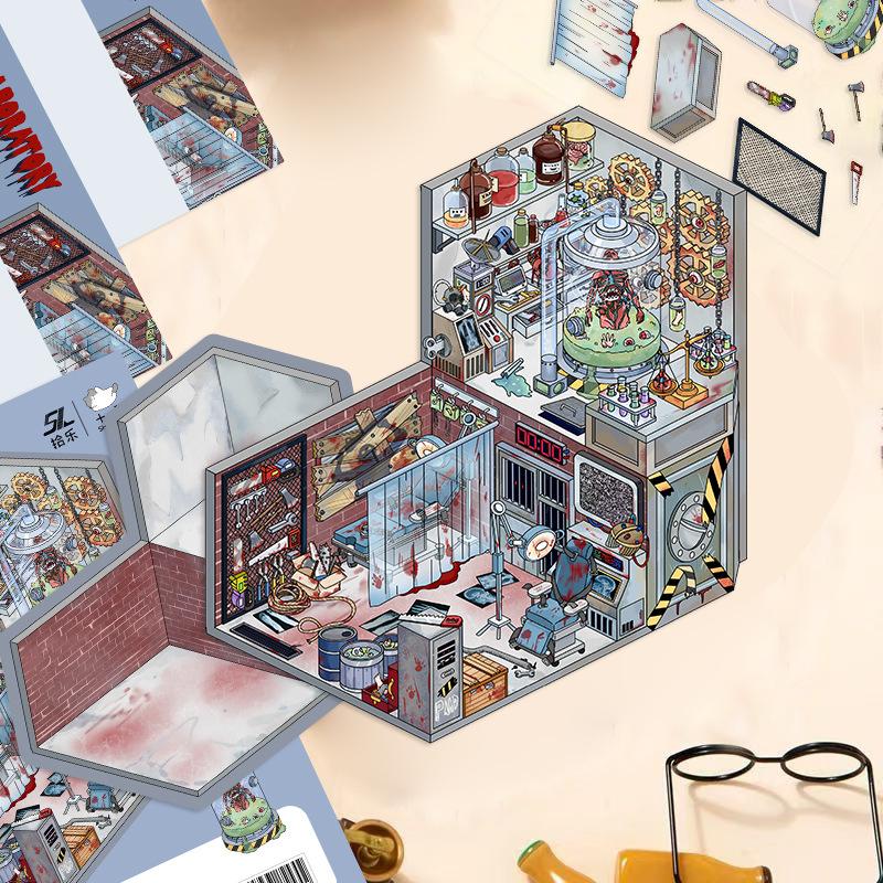 Kreslené krajinné samolepky Vícenásobný miniaturní svět 3D chata Rozbalit DIY scéna Ruční příspěvek