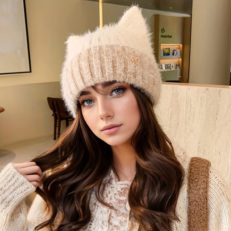 

Женская зимняя шапка с кошачьими ушками и брошью-бабочкой - Эластичная складная шапка-бини для холодной погоды, Мягкая теплая защита ушей, Только ручная стирка, Зимняя шапка