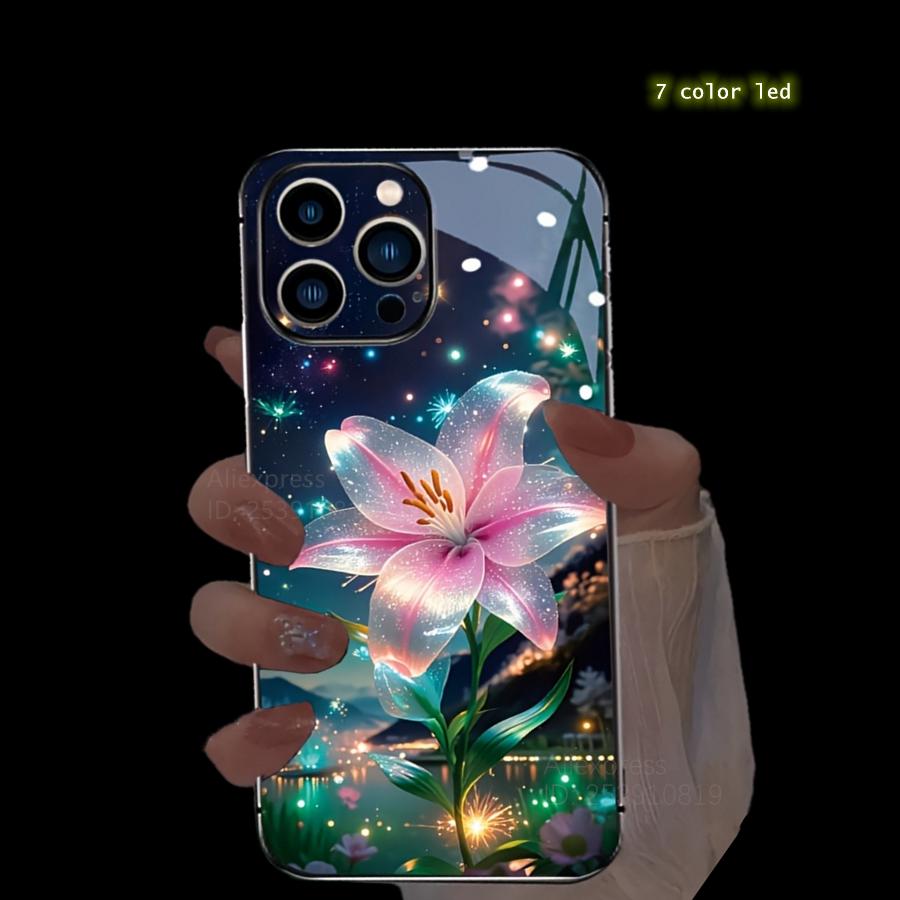 Colorful Lucky Lotus Flash Flower Phone Case For iPhone 13 Case 16 Pro Max 16e 15 11 14 13 12 XR LED Shine Carcasa Glass Cover