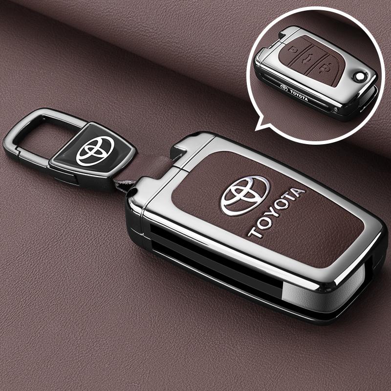 APQ4   Metal Leather Flip Car Key Fob Case Cover Keychain Ring For Toyota CHR C-HR Corolla Hatchback Sedan RAV4 LE Camry SE Hilux