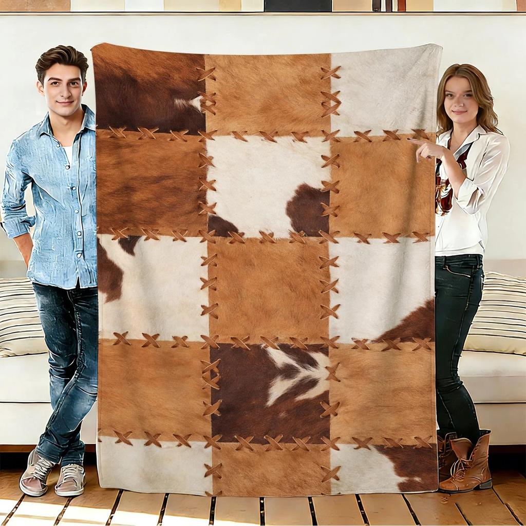 Cowhide Print Throw Blanket Cute Western Cow Pattern Patchwork Cozy Bed Blankets Luxury Decor For Sofa Couch Bed Living Room