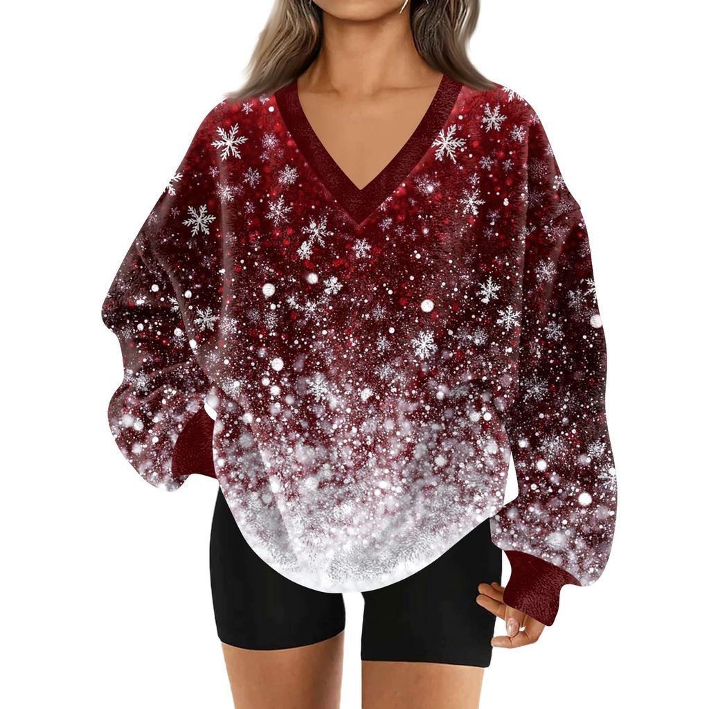 Women's Fashionable V-neck Christmas Printed Long Sleeved Casual Pullover Plush Warm Sweatshirt Top