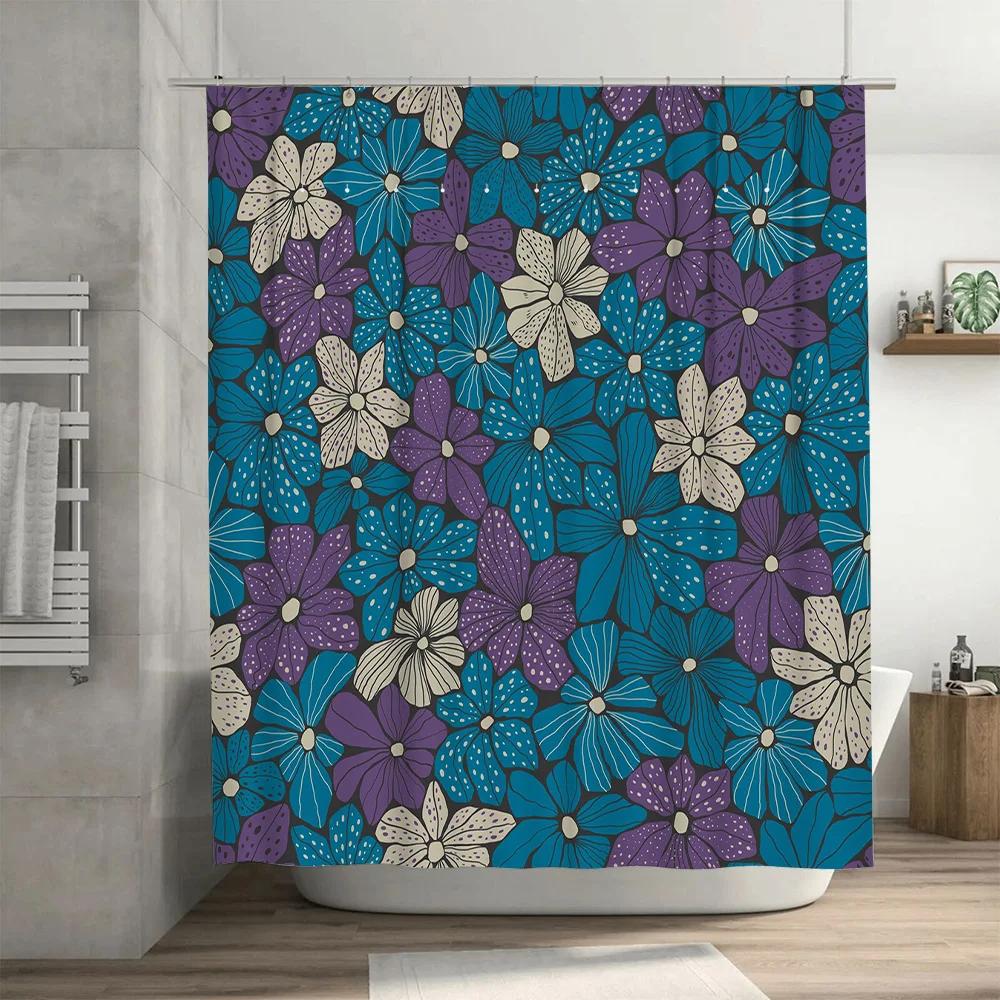 Floral Shower Curtain Blue Purple Design for Bathroom Decor Waterproof Fabric Splash Backdrops Decoration with Rod Pocket Rings