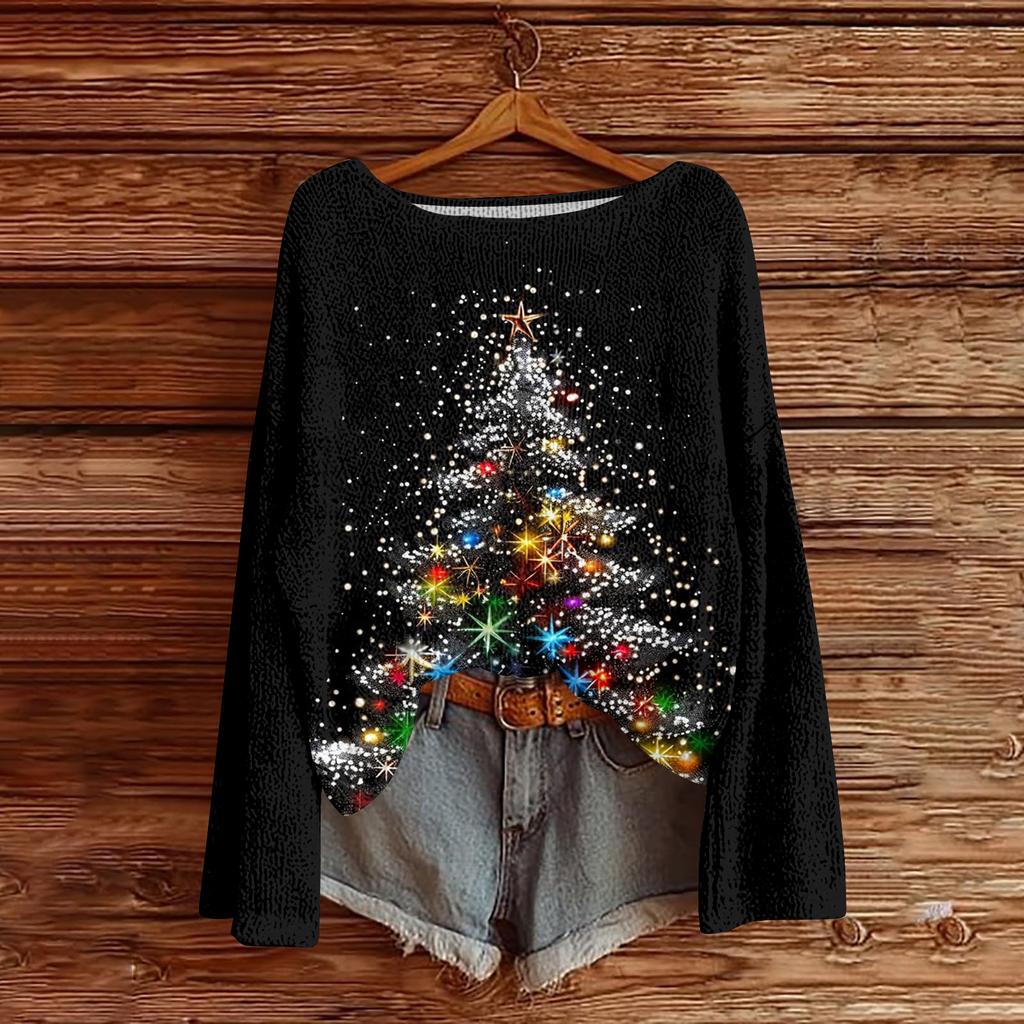 Women's Casual Fashion Round Neck Top Christmas Print Long Sleeve Knit Pullover