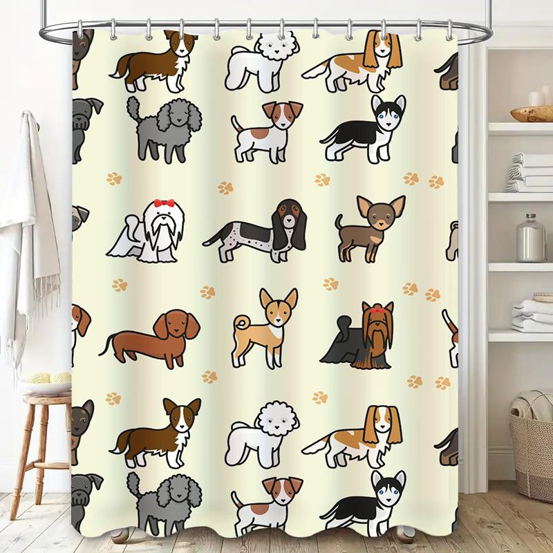 Pet Dog Cat Cartoon Print Shower Curtain Washable Fabric For Bathroom Decor Modern Design With Paw Prints White Background (180