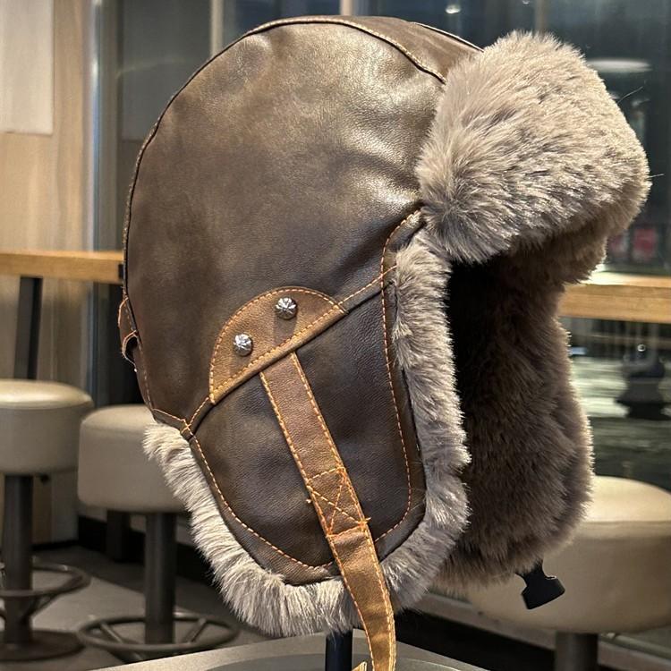 Leather Retro Lei Feng Hat for Men and Women In Winter Plus Velvet Thickened Warm Ear Protection Northeast Outdoor Cycling Cold Snow Hat