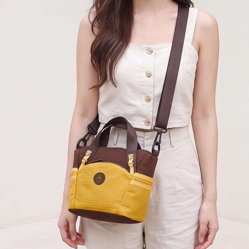 Colorblock Nylon Mini Tote Bag with Grid Pattern Front Pocket Crossbody Casual Small Shoulder Purse for Daily