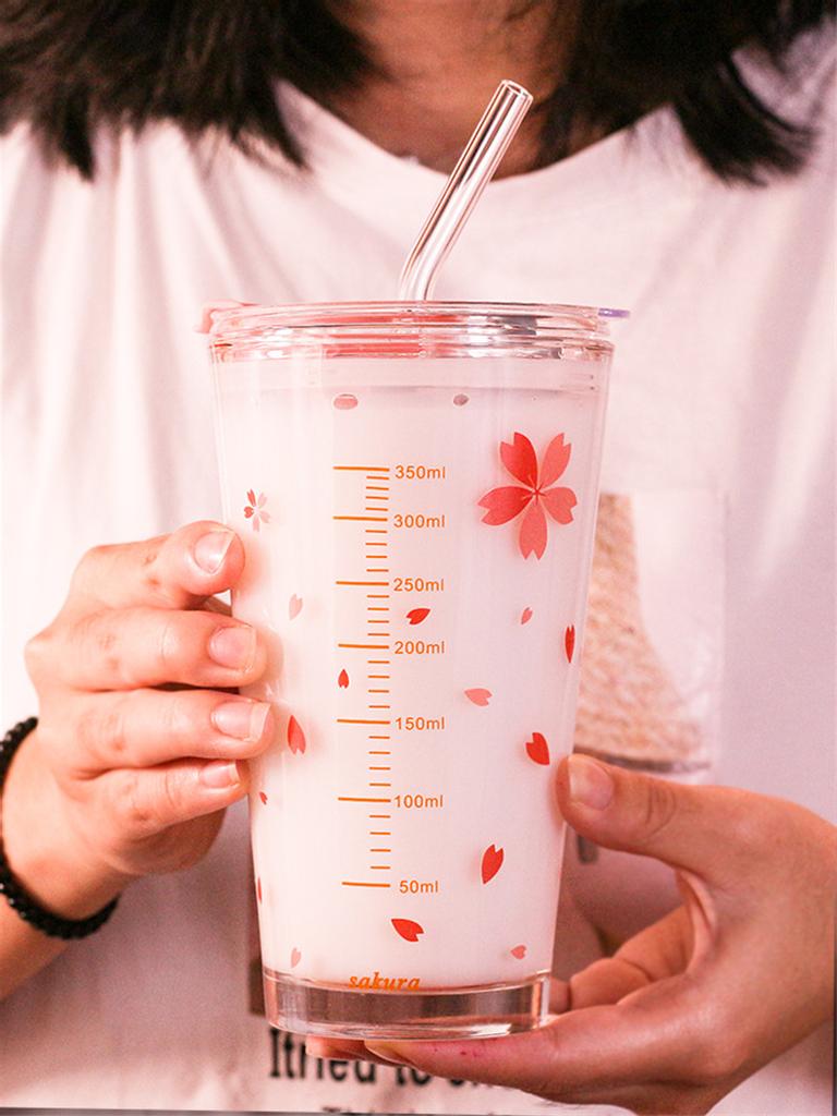 Cherry Blossom Travel Glass Coffee Mug Outdoor Heat-Resistant Scale Teacup With Non-Slip Cover Transparent Milk Breakfast Cup