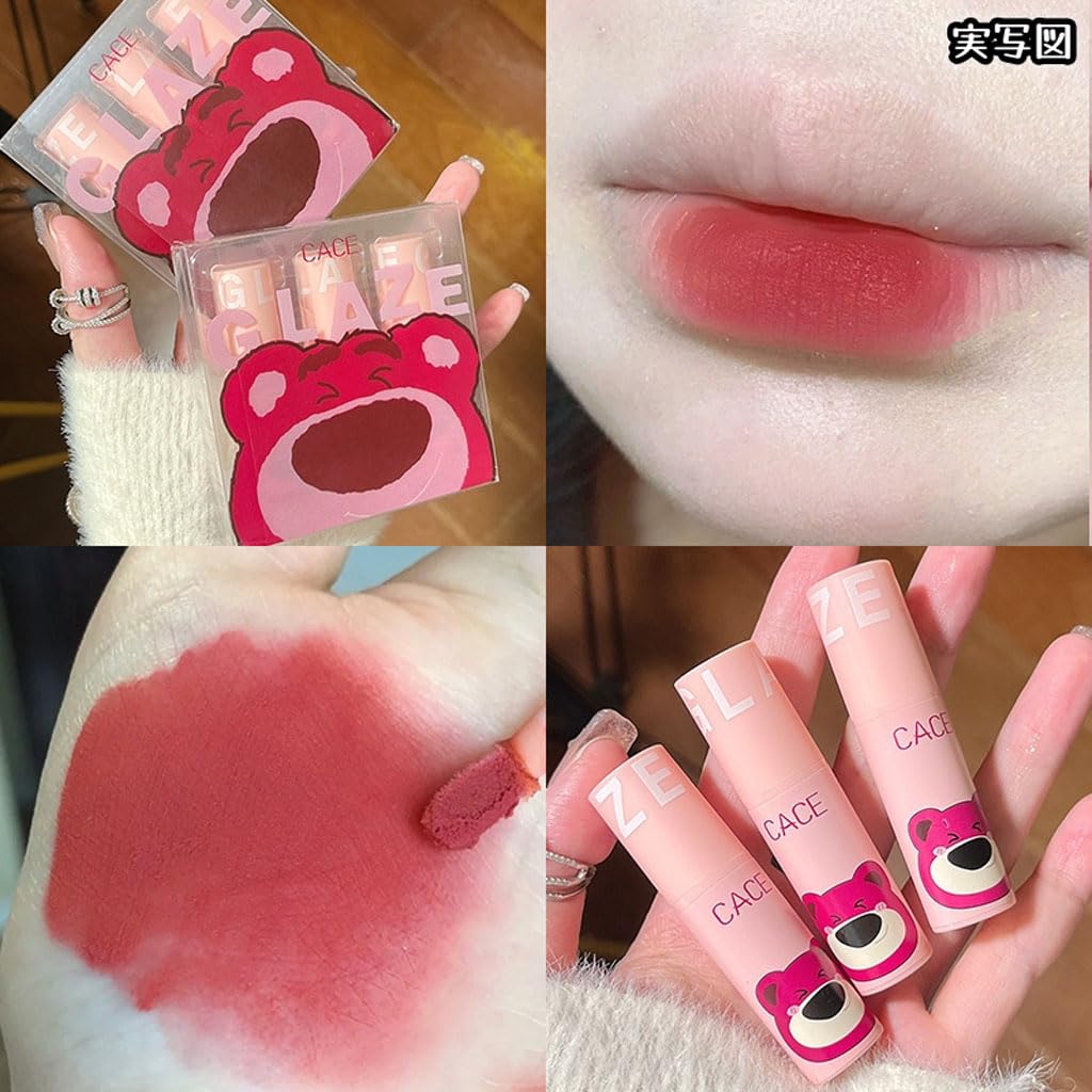 Strawberry Cartoon Matte Lipstick Girl Nude Velvet Smooth Natural Combination Bear, Set, Student, Makeup, Lipstick,