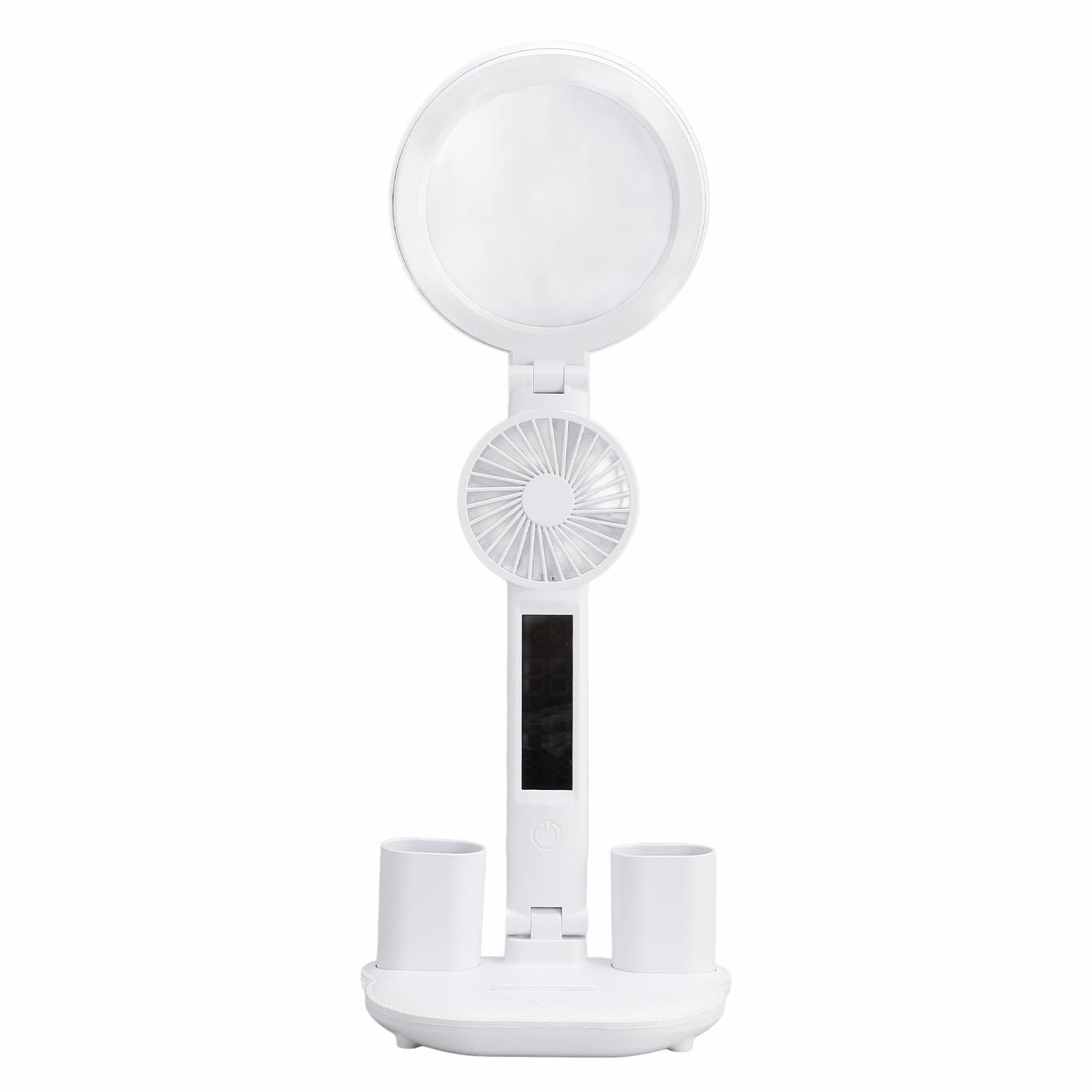 

Светодиодная настольная лампа с вентилятором, держателями для ручек, складная, плавная регулировка яркости, USB-порт, часы, дата, температура, светодиод