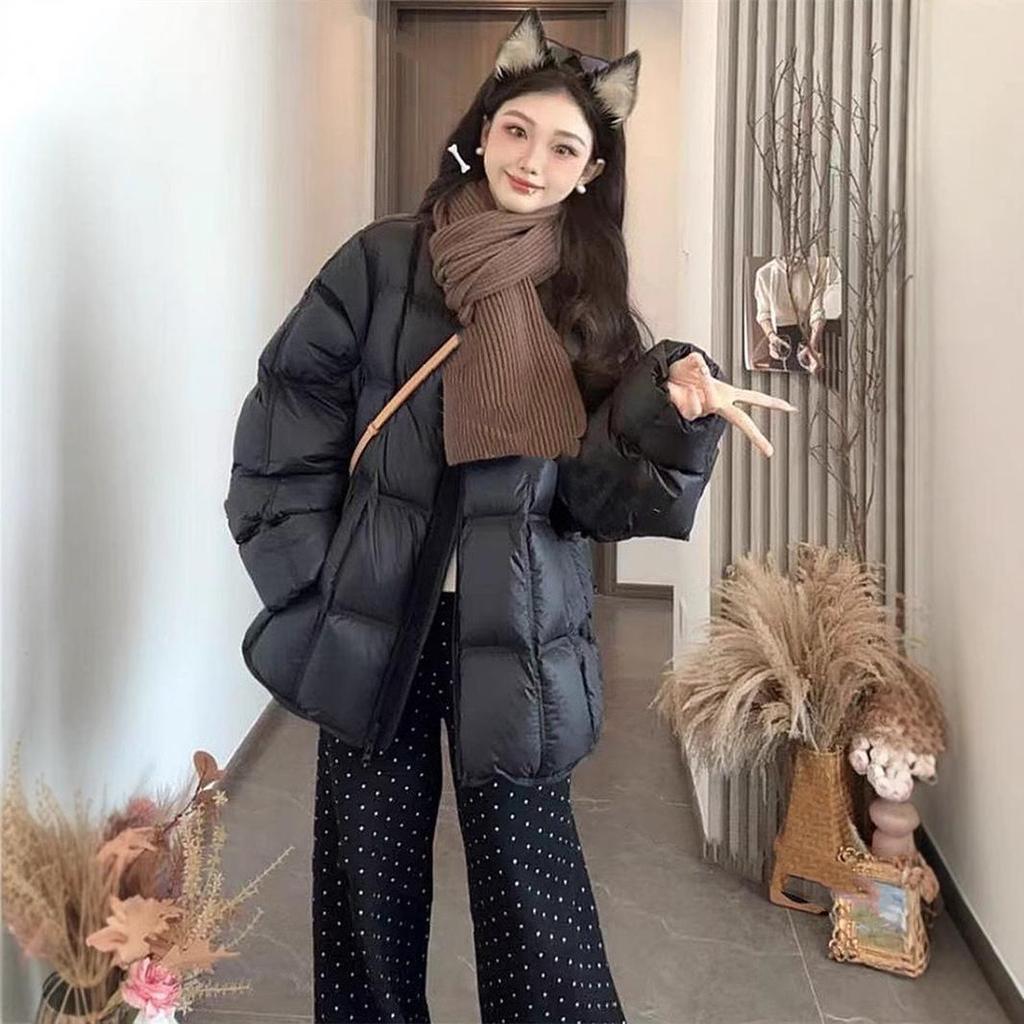 2024 Women's Korean Style Quilted Check Down Puffer Jacket - Round Neck, Warm & Loose Fit for Winter