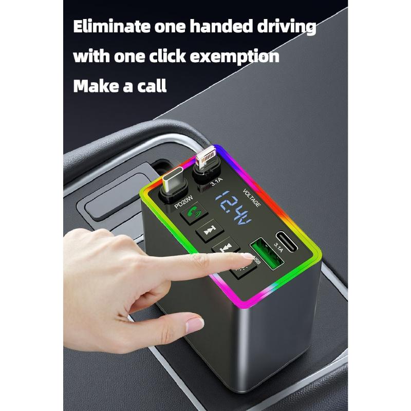 Car Bluetooth MP3 FM Transmitter 4-in-1 120W Fast Charge Retractable Cable Car Charger with Colorful Light Built-in Media Player