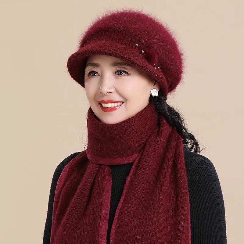 Elderly Women's Plush Lined Rabbit Fur Winter Hat, Scarf, & Gloves Set