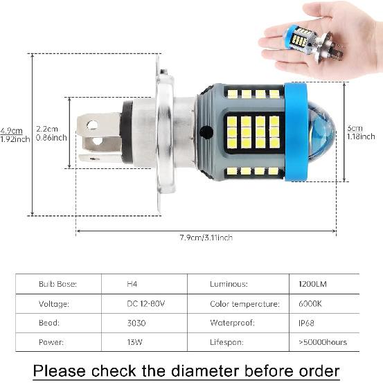 

Windance 2Pack, H4 LED Bulb 1200LM 13W with Lens, Hi/Lo Beam Super Bright 12V-80V Daytime Running Light Bulbs for Motorcycles E-Bike Scooters ATV UTV
