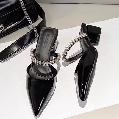 Fashion Women's 2024 Pump Summer New Rhinestone Chain Slippers High Heels Stiletto Pointed Shallow Mouth Pu Sandals Outer Wear