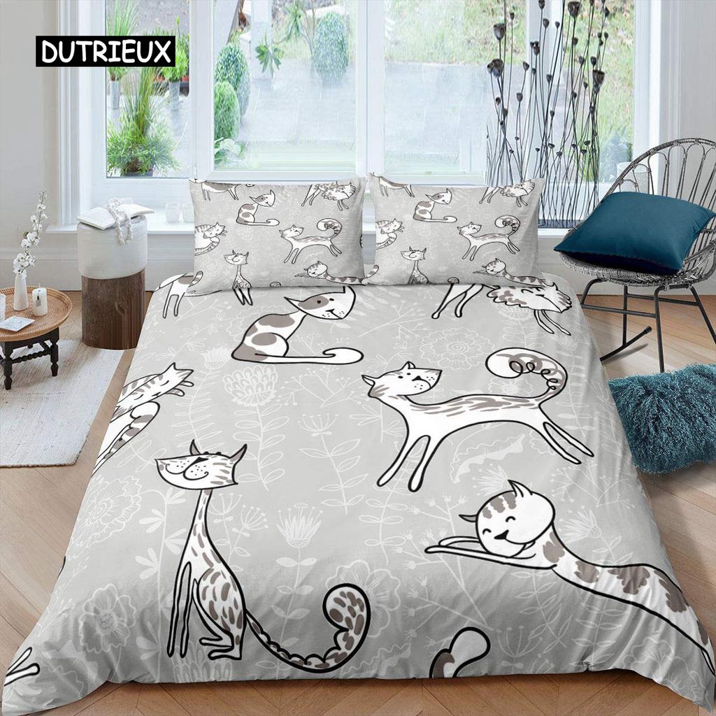 White Cat Flower King Queen Duvet Cover Kitten Bedding Set Pet Animal Polyester Quilt Cover Girls Pink Floral Comforter Cover