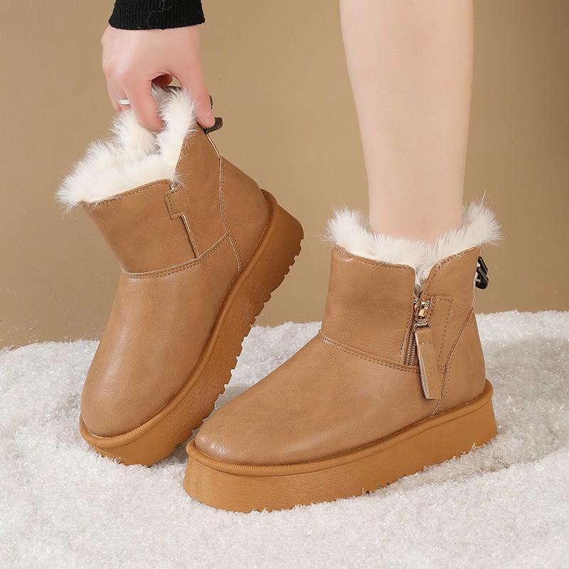 Women's Fur One Thick Bottom a Footstool Leather Waterproof Winter Lightweight Warm Snow Boots Non-slip Wear Casual Sneakers Cotton Boots