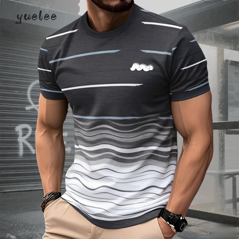 Summer men's fashion striped printed men's knitted shirt, simple plus size men's clothing, versatile O-neck men's short sleeved T-shirt
