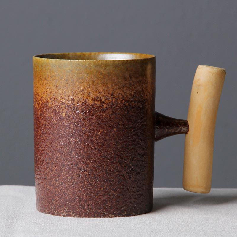 Japanese-style Retro Vintage Ceramic Manual Coffee Mug With Wooden Handle Tumbler Rust Glaze Tea Milk Beer Cup Home Drinkware
