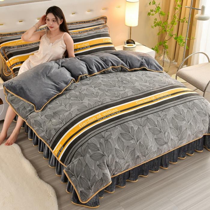 Thickened Milk Fleece Four-Piece Coral Fleece Quilt Cover, Bed Sheet Fleece Double-Sided Fleece Flannel Bedding, Bed Skirt