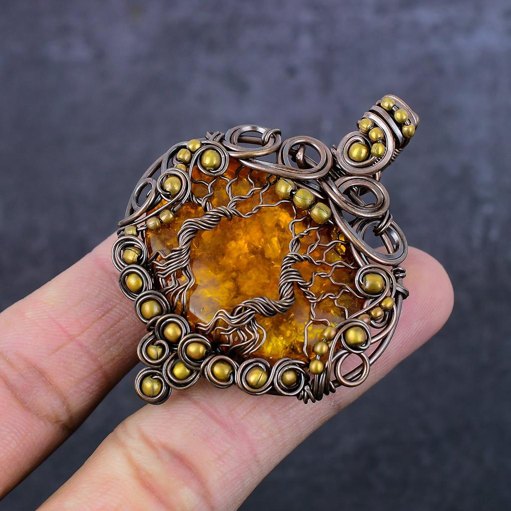 Naturlig baltisk rav Håndlaget kobbertrådviklet Livets tre anheng 2,44" n8n74